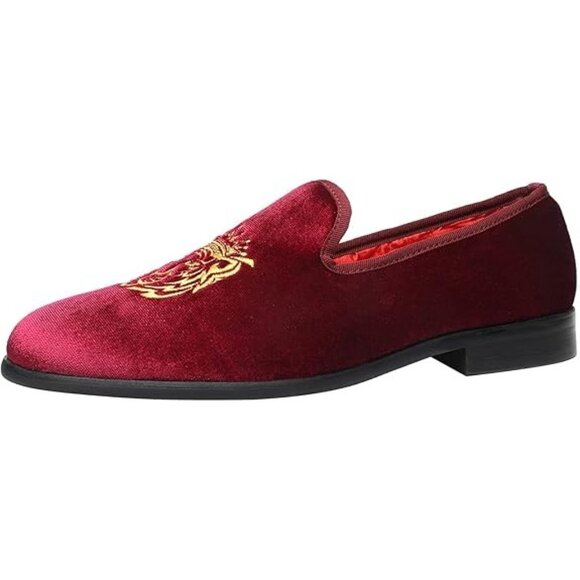 Elanroman Mens Rich Red Velvet Loafers Size 44 (10) Embroidered Tiger Design - Picture 6 of 13